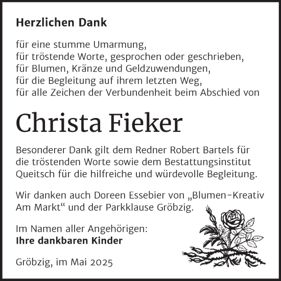 Traueranzeige von Christa Fieker von Trauerkombi Köthen