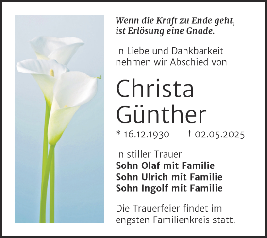 Traueranzeige von Christa Günther von Trauerkombi Bitterfeld
