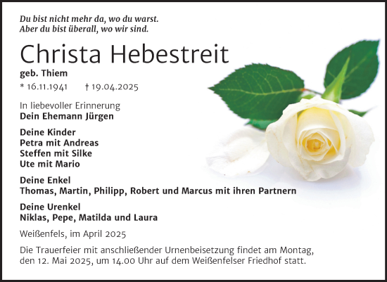 Traueranzeige von Christa Hebestreit von Trauerkombi Weißenfels