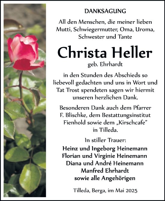 Traueranzeige von Christa Heller von Trauerkombi Sangerhausen