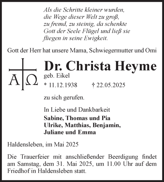 Traueranzeige von Christa Heyme von Volksstimme Haldensleben/Wolmirstedt