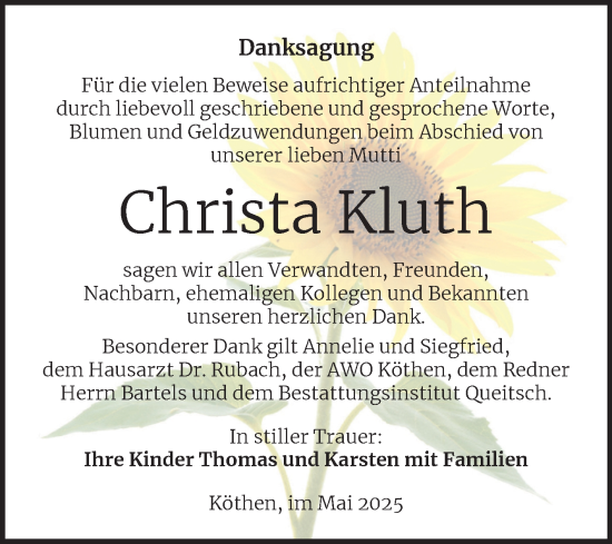 Traueranzeige von Christa Kluth von Trauerkombi Köthen