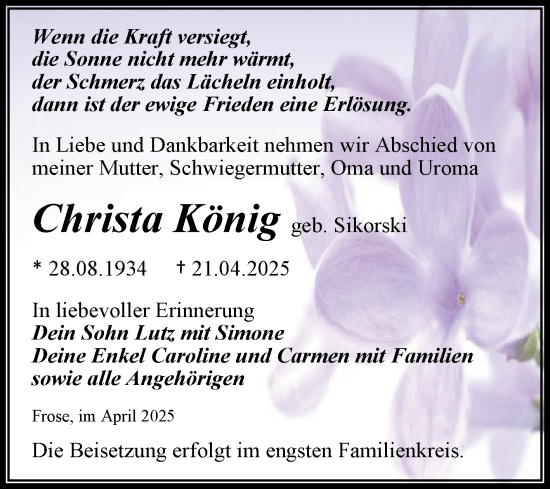 Traueranzeige von Christa König von Trauerkombi Aschersleben