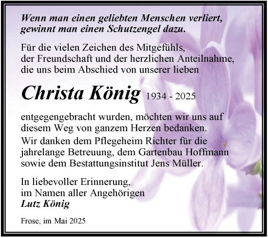 Traueranzeige von Christa König von Trauerkombi Aschersleben