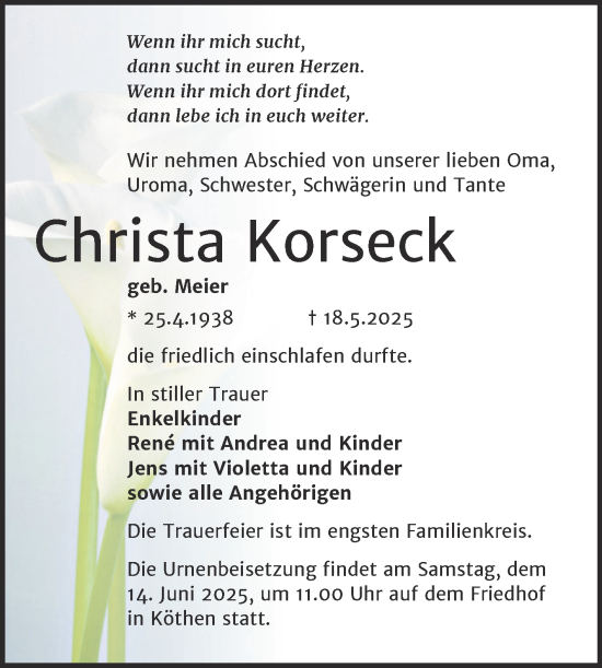 Traueranzeige von Christa Korseck von Trauerkombi Köthen
