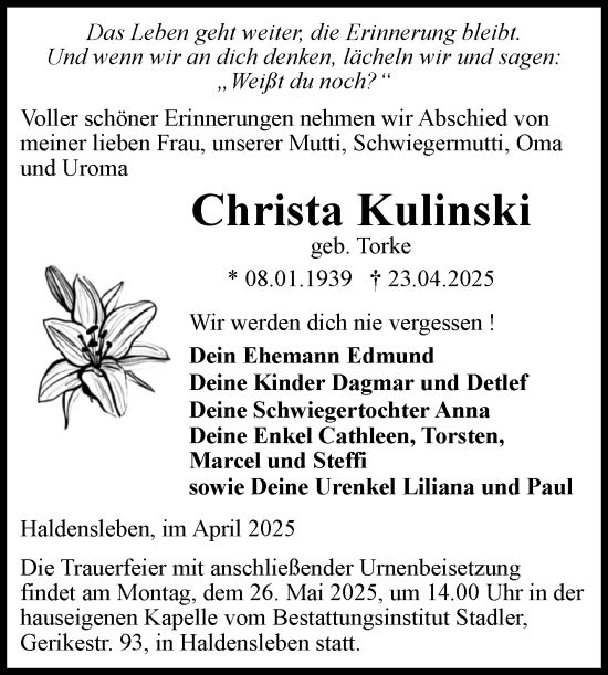 Traueranzeige von Christa Kulinski von Volksstimme Haldensleben/Wolmirstedt