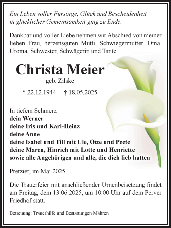 Traueranzeige von Christa Meier von Volksstimme Altmark West