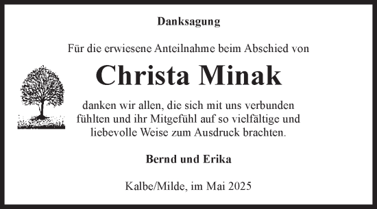 Traueranzeige von Christa Minak von Volksstimme Altmark West