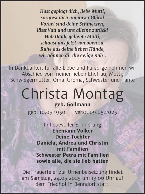 Traueranzeige von Christa Montag von Trauerkombi Mansfelder Land