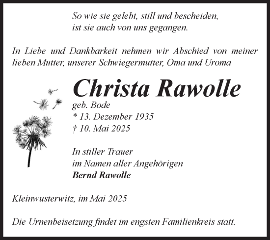 Traueranzeige von Christa Rawolle von Volksstimme Burg/Genthin