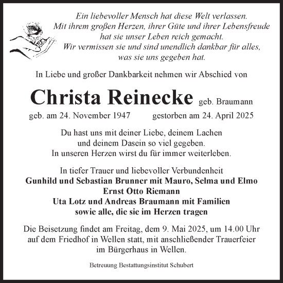 Traueranzeige von Christa Reinecke von Volksstimme Haldensleben/Wolmirstedt
