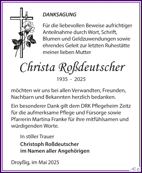Traueranzeige von Christa Roßdeutscher von Trauerkombi Zeitz