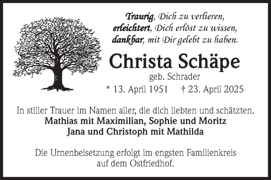 Traueranzeige von Christa Schäpe von Volksstimme Magdeburg
