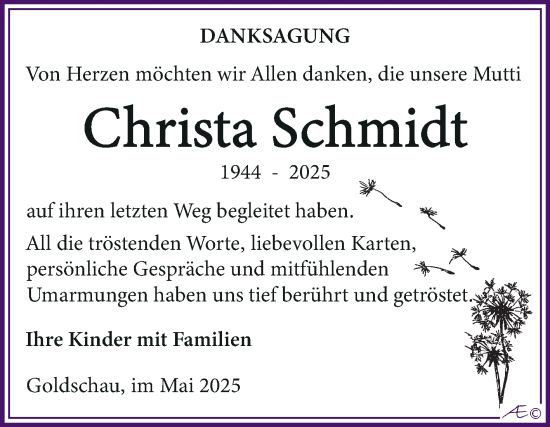 Traueranzeige von Christa Schmidt von Trauerkombi Zeitz