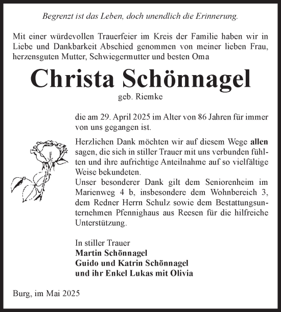 Traueranzeige von Christa Schönnagel von Volksstimme Burg/Genthin