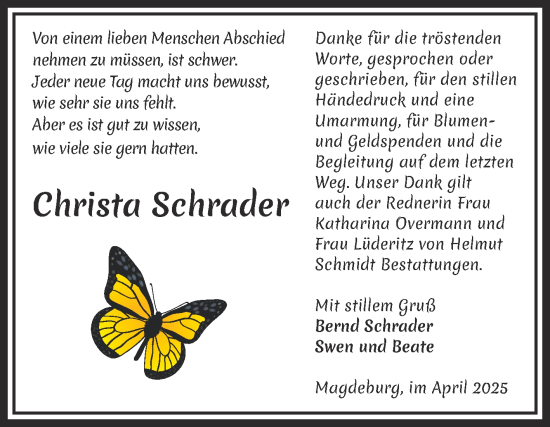 Traueranzeige von Christa Schrader von Volksstimme Magdeburg