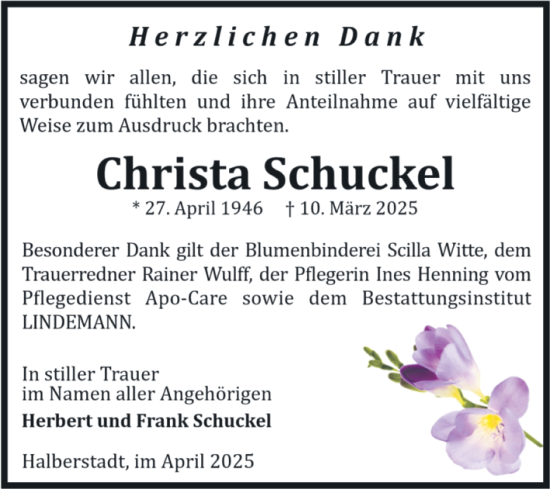 Traueranzeige von Christa Schuckel von Volksstimme Halberstadt