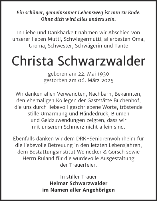 Traueranzeige von Christa Schwarzwalder von Trauerkombi Bernburg