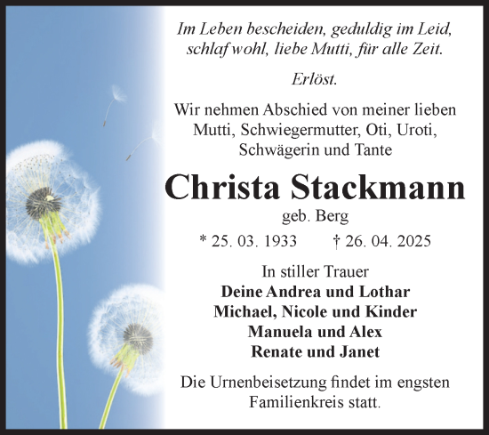 Traueranzeige von Christa Stackmann von Volksstimme Zerbst