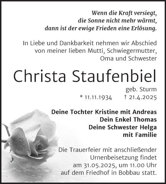 Traueranzeige von Christa Staufenbiel von Trauerkombi Bitterfeld