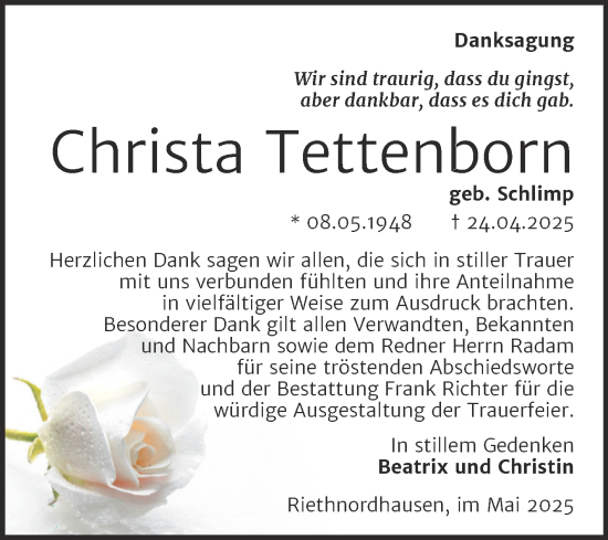 Traueranzeige von Christa Tettenborn von Trauerkombi Sangerhausen