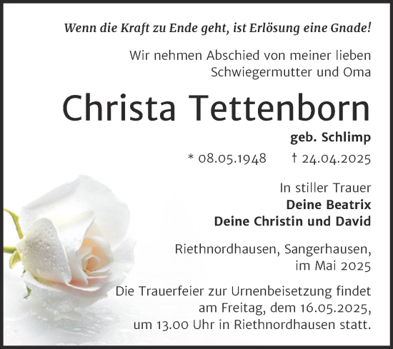 Traueranzeige von Christa Tettenborn von Trauerkombi Sangerhausen