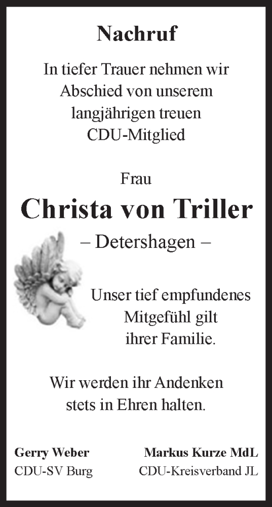 Traueranzeige von Christa von Triller von Volksstimme Burg/Genthin