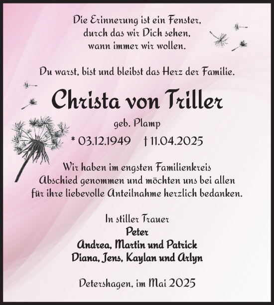 Traueranzeige von Christa von Triller von Volksstimme Burg/Genthin
