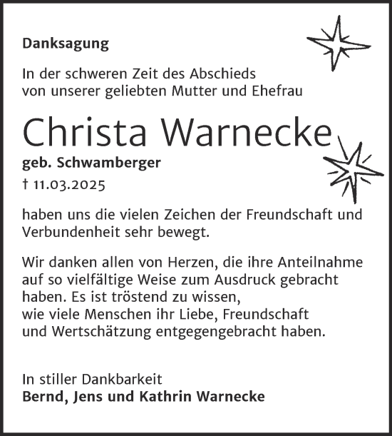Traueranzeige von Christa Warnecke von Naumburger Tageblatt