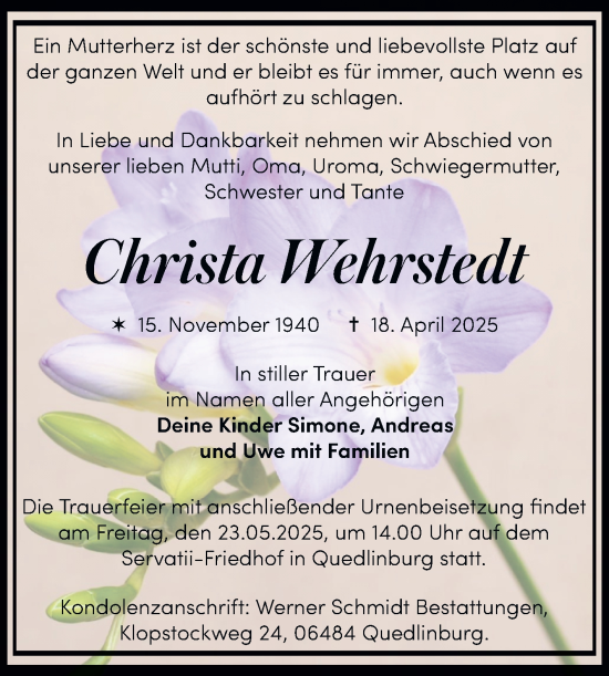 Traueranzeige von Christa Wehrstedt von Trauerkombi Quedlinburg