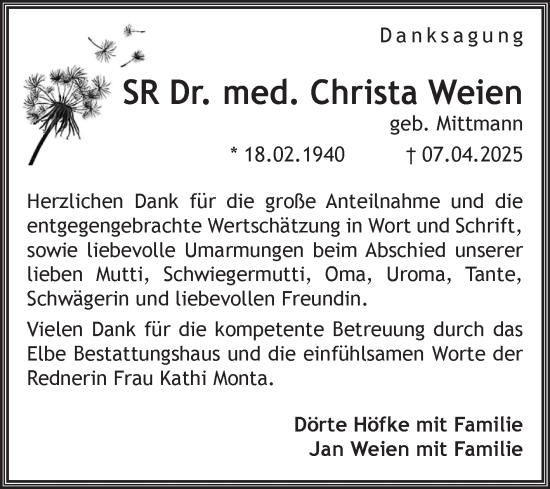 Traueranzeige von Christa Weien von Volksstimme Magdeburg