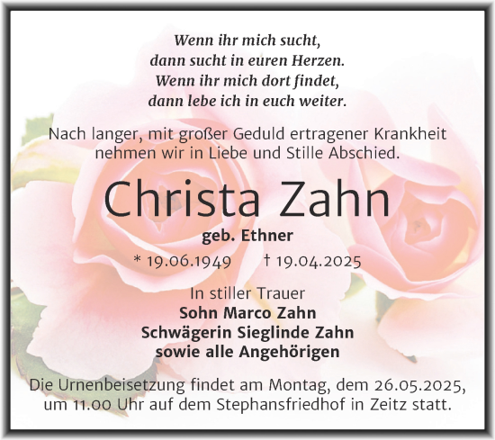Traueranzeige von Christa Zahn von Trauerkombi Zeitz