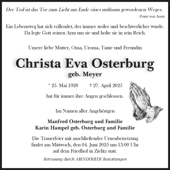 Traueranzeige von Christa Eva Osterburg von Volksstimme Haldensleben/Wolmirstedt