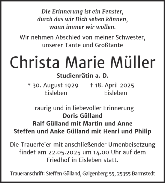 Traueranzeige von Christa Marie Müller von Trauerkombi Mansfelder Land