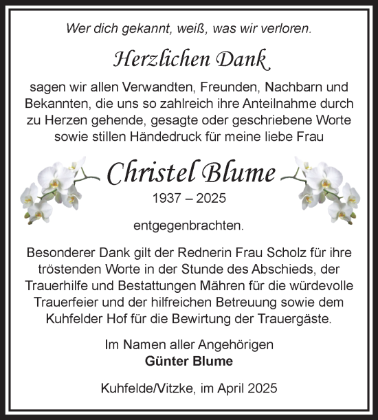 Traueranzeige von Christel Blume von Volksstimme Altmark West