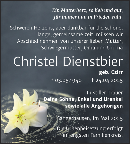 Traueranzeige von Christel Dienstbier von Trauerkombi Sangerhausen