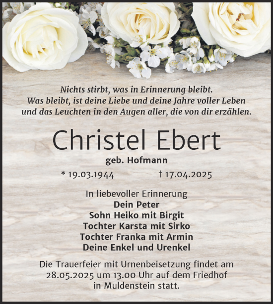 Traueranzeige von Christel Ebert von Trauerkombi Bitterfeld