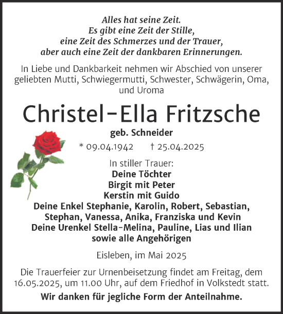 Traueranzeige von Christel-Ella Fritzsche von Trauerkombi Mansfelder Land