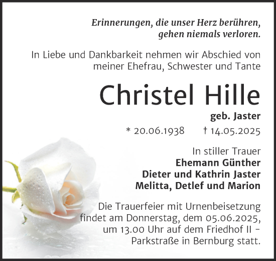 Traueranzeige von Christel Hille von Trauerkombi Bernburg