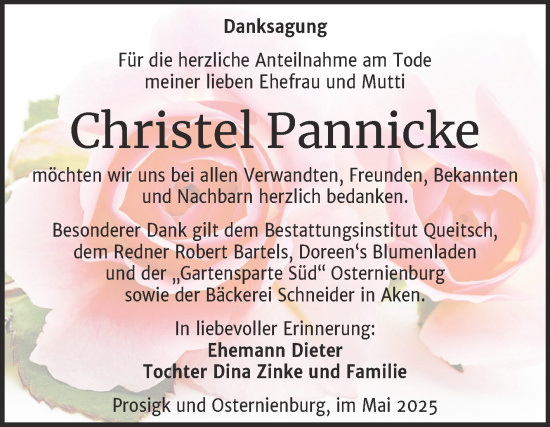 Traueranzeige von Christel Pannicke von Trauerkombi Köthen