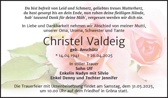 Traueranzeige von Christel Valdeig von Trauerkombi Bernburg