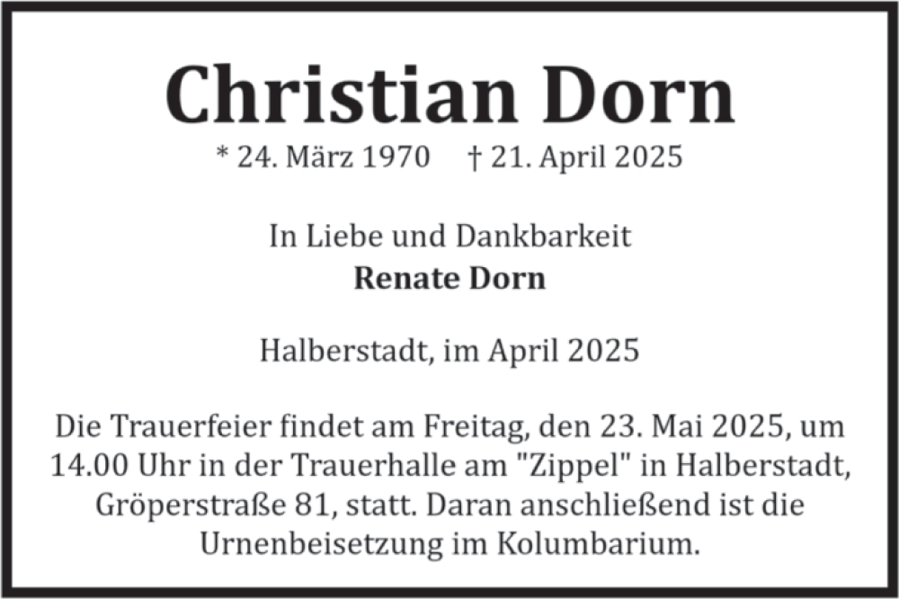  Traueranzeige für Christian Dorn vom 17.05.2025 aus Volksstimme Halberstadt