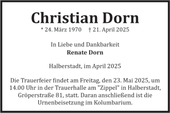 Traueranzeige von Christian Dorn von Volksstimme Halberstadt