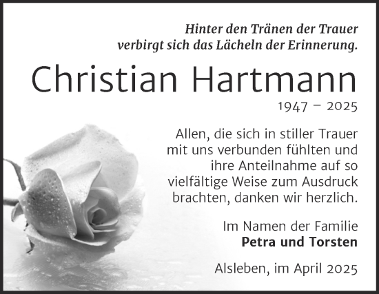 Traueranzeige von Christian Hartmann von Trauerkombi Bernburg