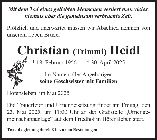 Traueranzeige von Christian Heidl von Volksstimme Oschersleben/Wanzleben