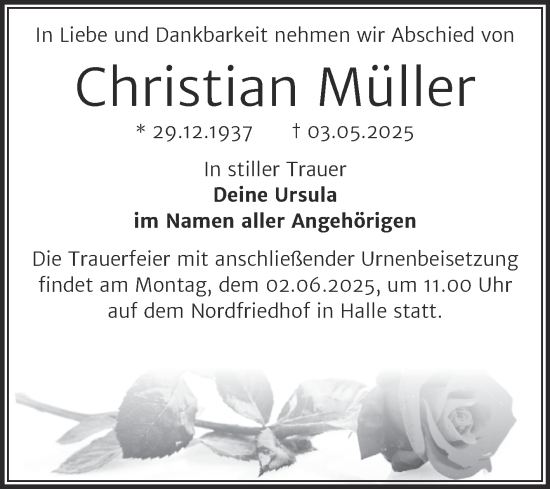 Traueranzeige von Christian Müller von Mitteldeutsche Zeitung Halle/Saalkreis