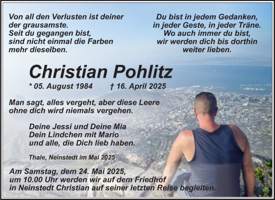 Traueranzeige von Christian Pohlitz von Trauerkombi Quedlinburg