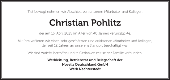 Traueranzeige von Christian Pohlitz von Mitteldeutsche Zeitung Quedlingburg