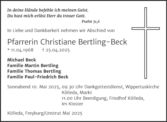 Traueranzeige von Christiane Bertling-Beck von Naumburger Tageblatt
