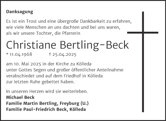 Traueranzeige von Christiane Bertling-Beck von Naumburger Tageblatt